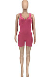 Screw Thread Pure Color V Neck Romper Shorts GLS8114