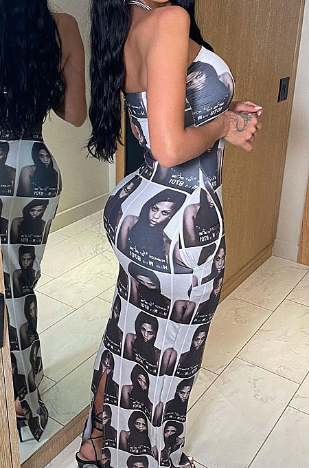 Trendy Sexy Printing Chest Wrap Long Dress GB8002