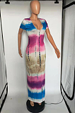 Tie Dye Fashion Sexy V Neck Short Sleeve Long Dress LJJ6062