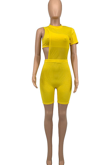 Casual Pure Color Screw Thread Net Yarn Shorts Sets GLS7022