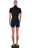 Euramerican Night Club Tight Embroidered Letter High Neck Zipper Short Sleeve  Jumpsuits LSN7109