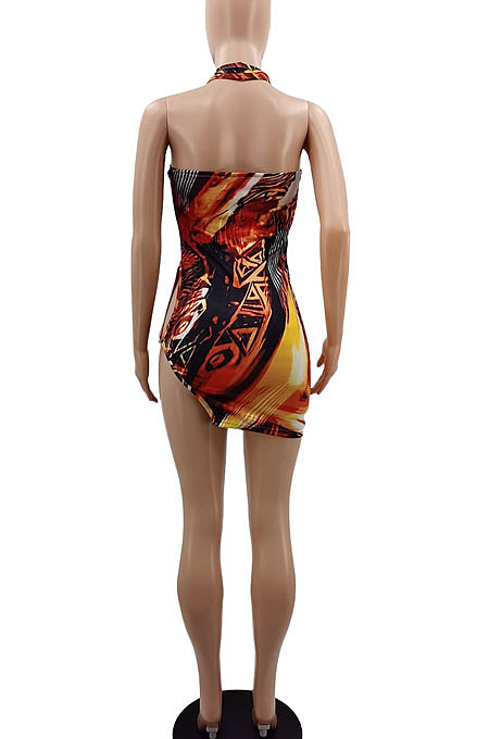 Halter Neck Printing Sexy Tight Open Fork Package Buttocks Mini Dress GB8015