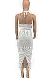 Women Casual Pure Color Condole Belt Shirred Detail Midi Dress GLS7034