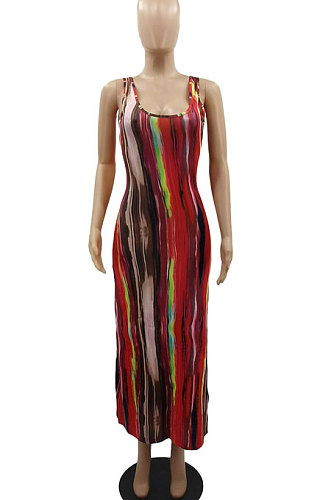 Sexy High Waist Condole Belt Temperament Printing Side Open Fork Long Dress GB8008
