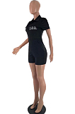 Euramerican Night Club Tight Embroidered Letter High Neck Zipper Short Sleeve  Jumpsuits LSN7109