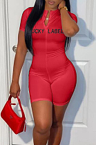 Night Club Tight High Neck Embroidered Letter Zipper Short Sleeve Jumpsuits LSN7103