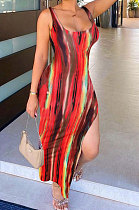 Sexy High Waist Condole Belt Temperament Printing Side Open Fork Long Dress GB8008