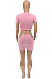 Trendy Casual Sexy Pure Color Short Sleeve Shorts Sets GLS7028