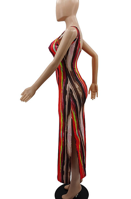 Sexy High Waist Condole Belt Temperament Printing Side Open Fork Long Dress GB8008