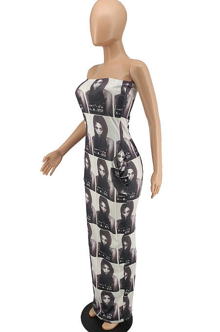 Trendy Sexy Printing Chest Wrap Long Dress GB8002