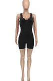 Screw Thread Pure Color V Neck Romper Shorts GLS8114