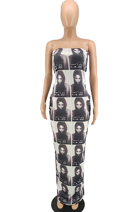 Trendy Sexy Printing Chest Wrap Long Dress GB8002