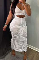 Women Casual Pure Color Condole Belt Shirred Detail Midi Dress GLS7034