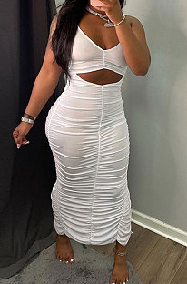 Women Casual Pure Color Condole Belt Shirred Detail Midi Dress GLS7034