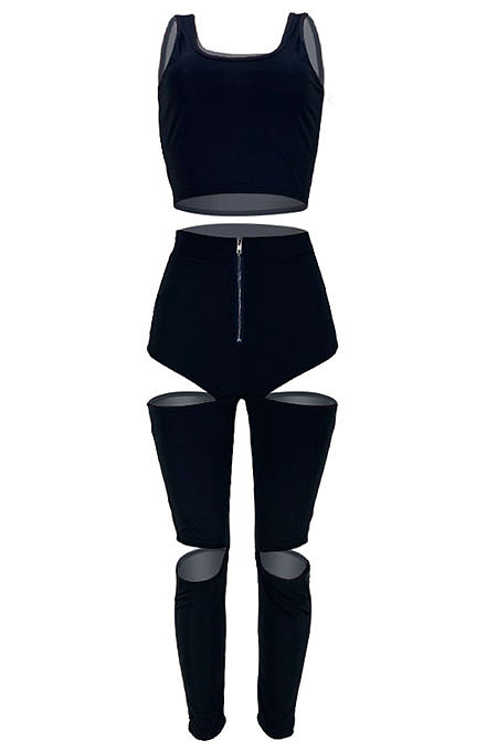 Pure Color Fashion Sport Hollow Out Zipper Vest Long Pants Sets GL6387