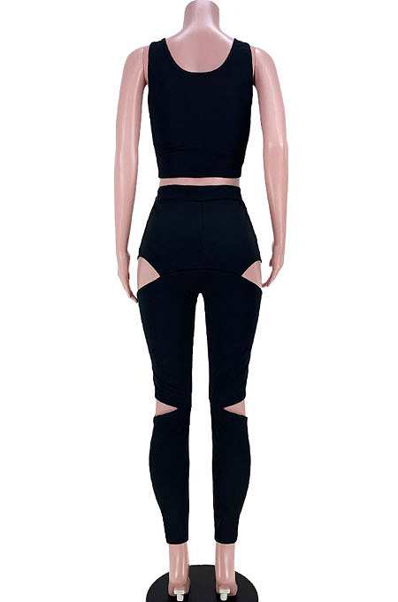 Pure Color Fashion Sport Hollow Out Zipper Vest Long Pants Sets GL6387