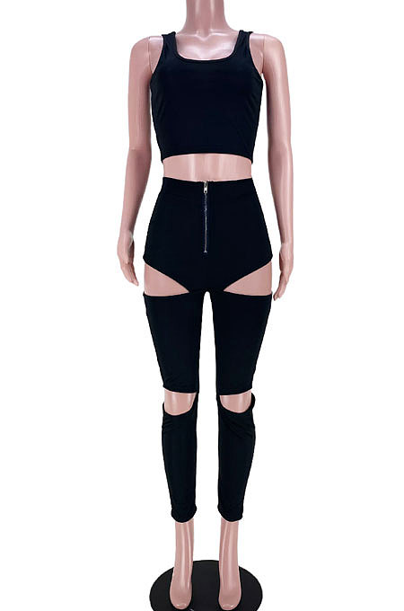 Pure Color Fashion Sport Hollow Out Zipper Vest Long Pants Sets GL6387