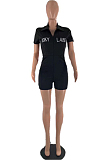 Euramerican Night Club Tight Embroidered Letter High Neck Zipper Short Sleeve  Jumpsuits LSN7109