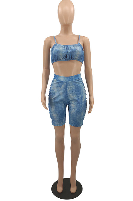 Summer Sexy Roffel Copy Cowboy Sling Chest Warp Shorts Two-Piece QL6035