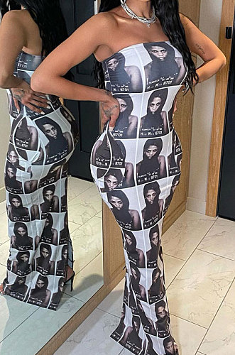 Trendy Sexy Printing Chest Wrap Long Dress GB8002