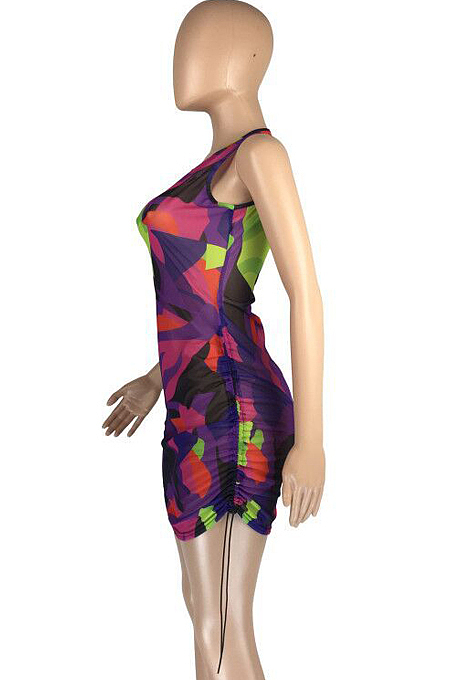 Shirred Detail Net Yarn Printint Sexy Dress LMM8242