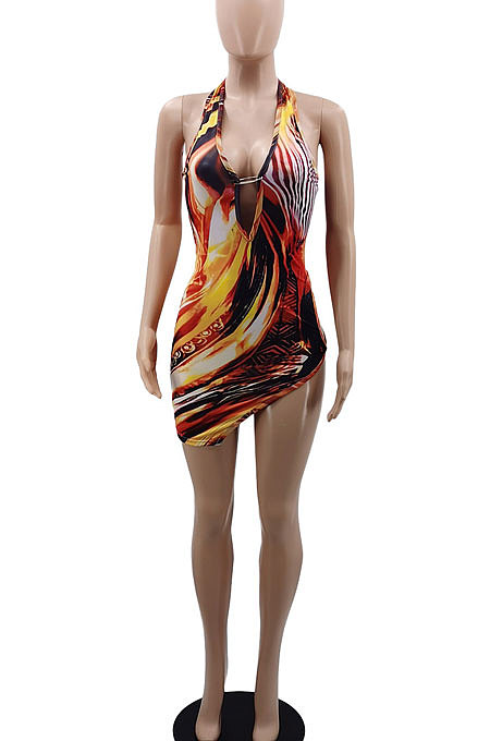 Halter Neck Printing Sexy Tight Open Fork Package Buttocks Mini Dress GB8015