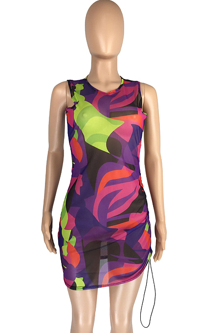 Shirred Detail Net Yarn Printint Sexy Dress LMM8242
