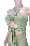 Pure Color Pit Bar Sexy Halter Neck Bandage Backless Midi Dress GL6386