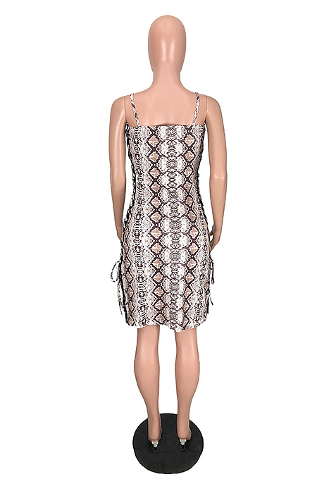 Fashion Casual Snake-Print Drawstring Hip Wrap Dress  BDF6006