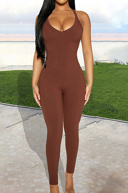 Pure Color High Elastic Pit Bar Casual Sling BodycoN Jumpsuits BBN172