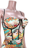 Sexy Ruffle Printing Condole Belt Mini Dress GL6385