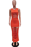 Fashion Summer Pure Color Hole Furnt Flower Sleeveless Dress BBN173