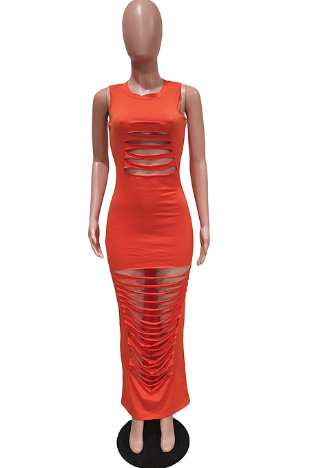 Fashion Summer Pure Color Hole Furnt Flower Sleeveless Dress BBN173