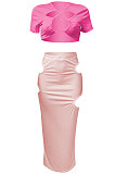 Short Sleeve Crsoo Top Drawsting Hole Package Hip Skirt Sets NK247