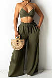 Sexy Women Pure Color Condole Belt Boob Tube Top Loose Long Pants Halter Neck Fashion Sets DY6966