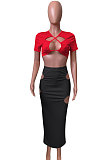 Short Sleeve Crsoo Top Drawsting Hole Package Hip Skirt Sets NK247