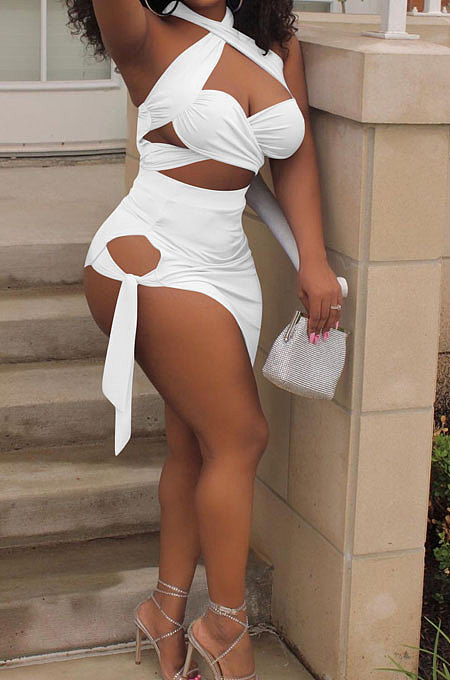 Pure Color Halter Neck Bandage Skirts Sets NK248