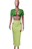 Short Sleeve Crsoo Top Drawsting Hole Package Hip Skirt Sets NK247