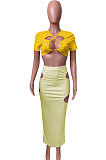 Short Sleeve Crsoo Top Drawsting Hole Package Hip Skirt Sets NK247