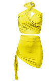 Pure Color Halter Neck Bandage Skirts Sets NK248