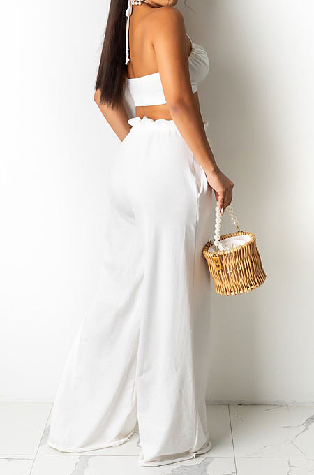 Sexy Women Pure Color Condole Belt Boob Tube Top Loose Long Pants Halter Neck Fashion Sets DY6966
