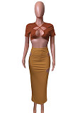 Short Sleeve Crsoo Top Drawsting Hole Package Hip Skirt Sets NK247