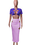 Short Sleeve Crsoo Top Drawsting Hole Package Hip Skirt Sets NK247