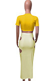Short Sleeve Crsoo Top Drawsting Hole Package Hip Skirt Sets NK247