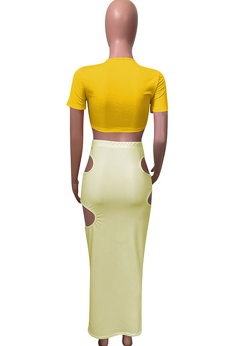 Short Sleeve Crsoo Top Drawsting Hole Package Hip Skirt Sets NK247