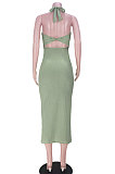 Pure Color Pit Bar Sexy Halter Neck Bandage Backless Midi Dress GL6386