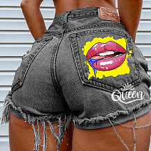 Trendy Mid Waist Printing Ripped Buckle  Skinny Denim Shorts HHC1993
