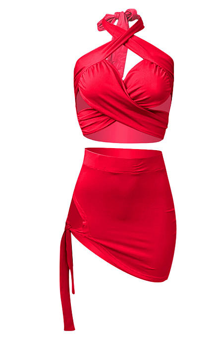 Pure Color Halter Neck Bandage Skirts Sets NK248