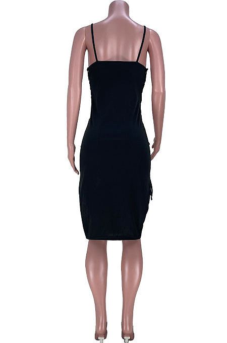 Sexy Women Eyelet Bandage Pure Color Condole Midi Dress MDF5240