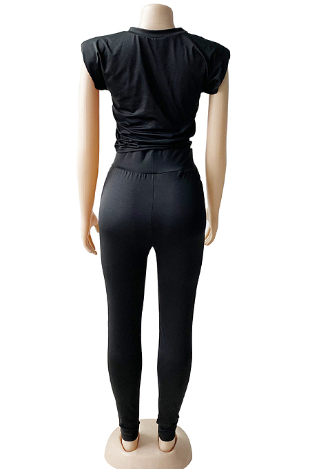 Fashion Pure Color Shoulder Pads Long Pants Two-Piece WM2518
